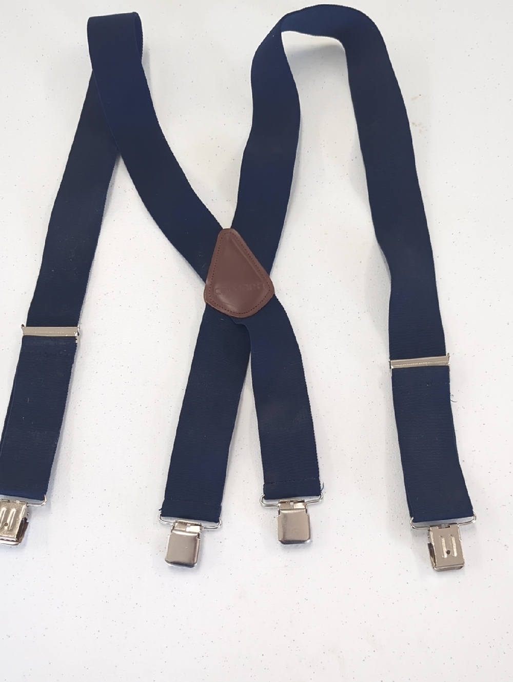 52" Length Navy Blue Carhartt Men's Elastic Suspenders with Brown Leather Accent